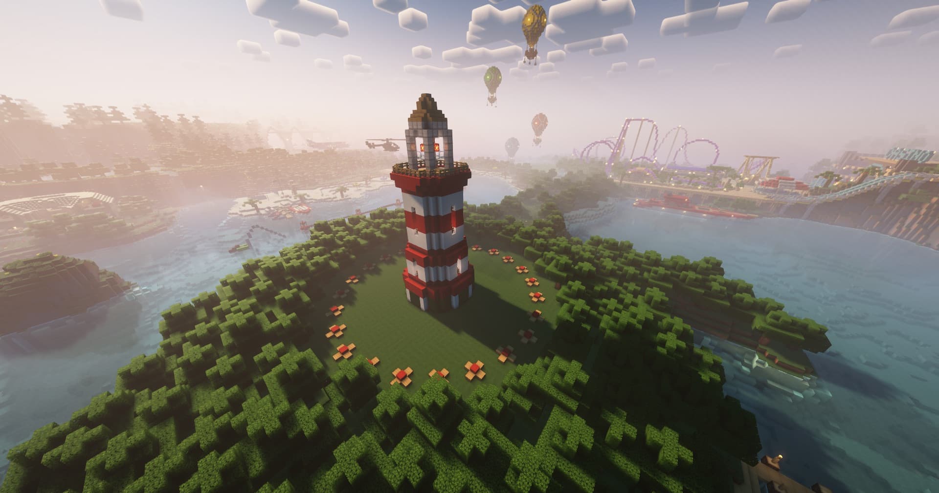 A lighthouse overlooking a Minecraft Survival Games map
